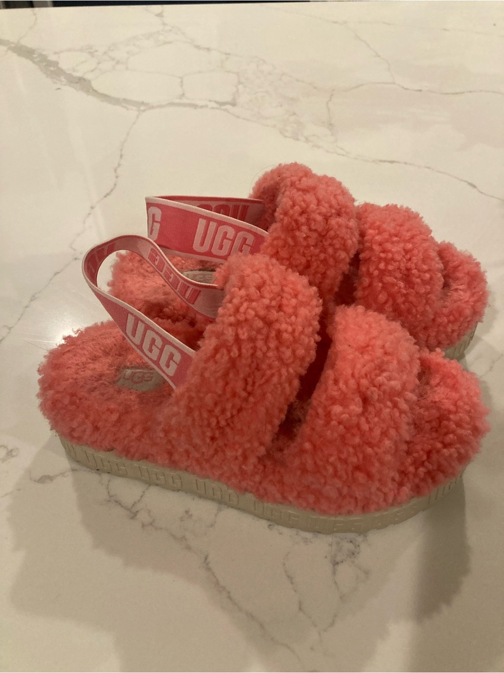 UGG Coral Pink Fluffy Shearling Slide Sandals with Branded Strap